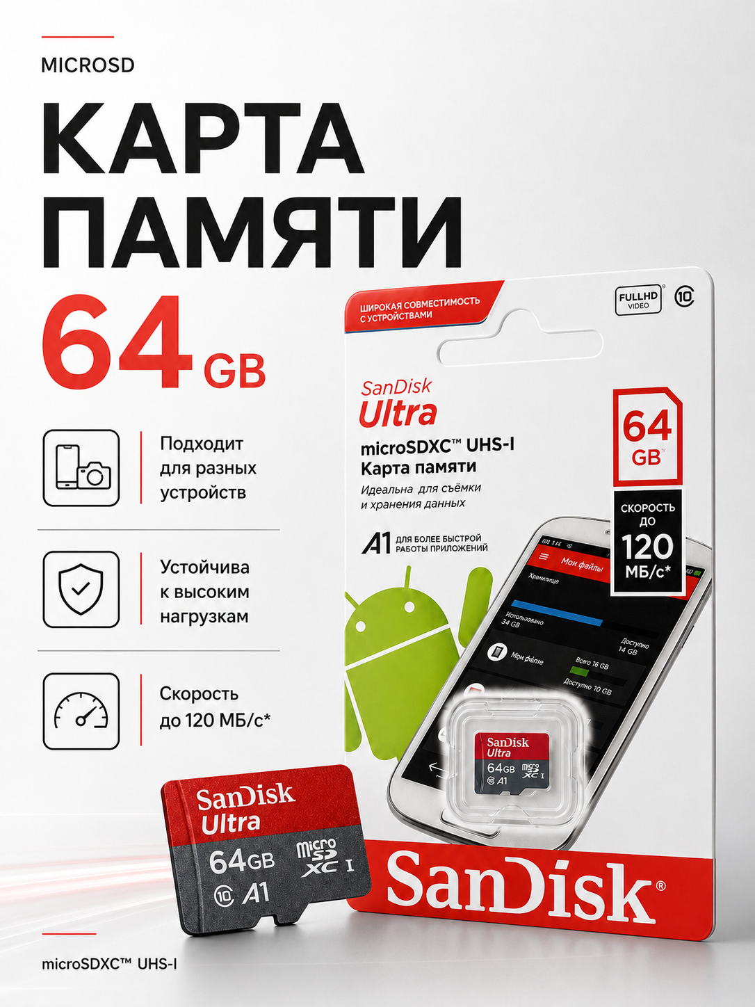 Карта памяти MicroSD 64 Gb — карты памяти