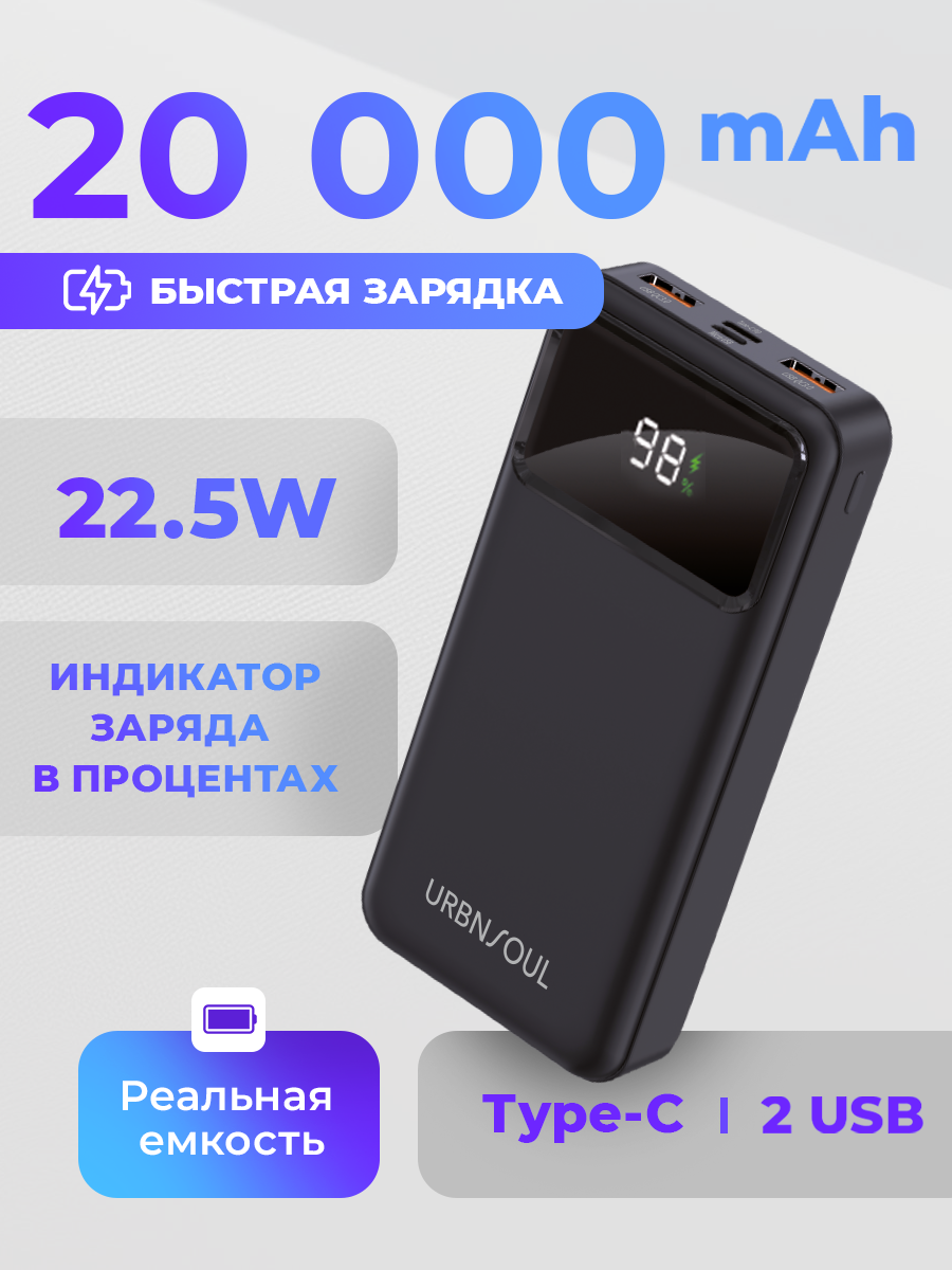 Повербанк 20000 mAh, 2 USB+Type-C, быстрая зарядка, powerbank, пауэр банк, power bank — powerbank